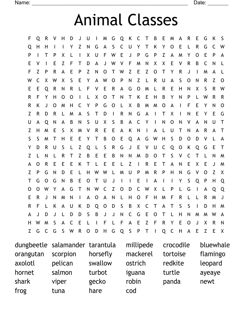 Animal Classes Word Search