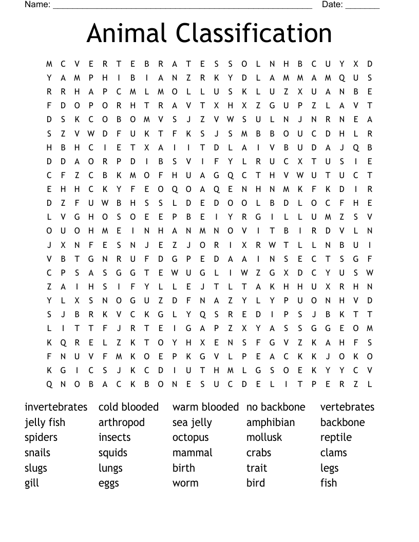 Animal Classification Word Search