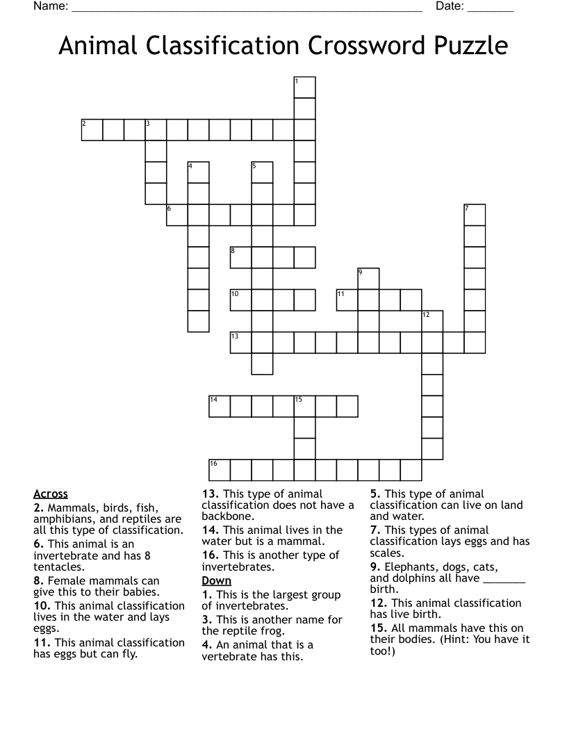 Animal Classification Crossword Puzzle