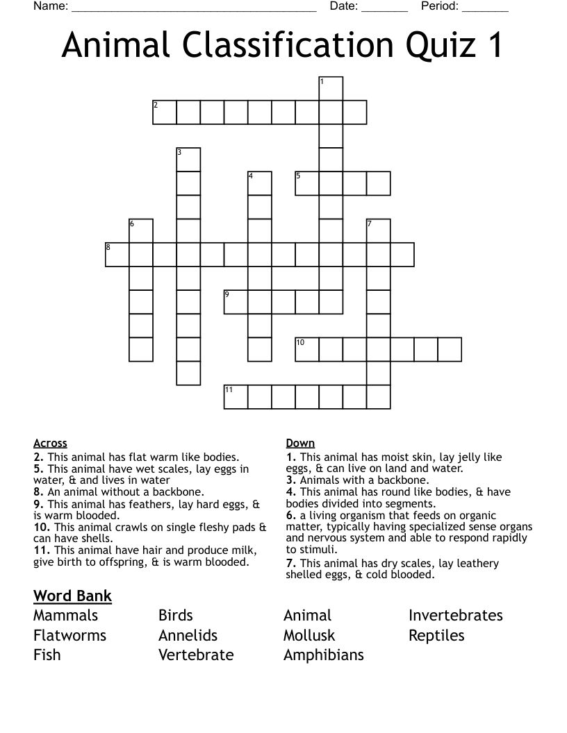 Animal Classification Quiz 1 Crossword