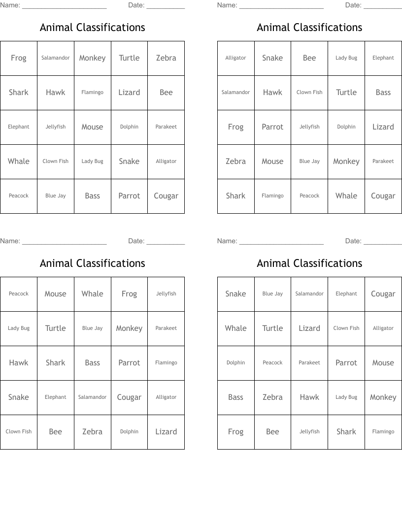 Animal Classifications Bingo Cards