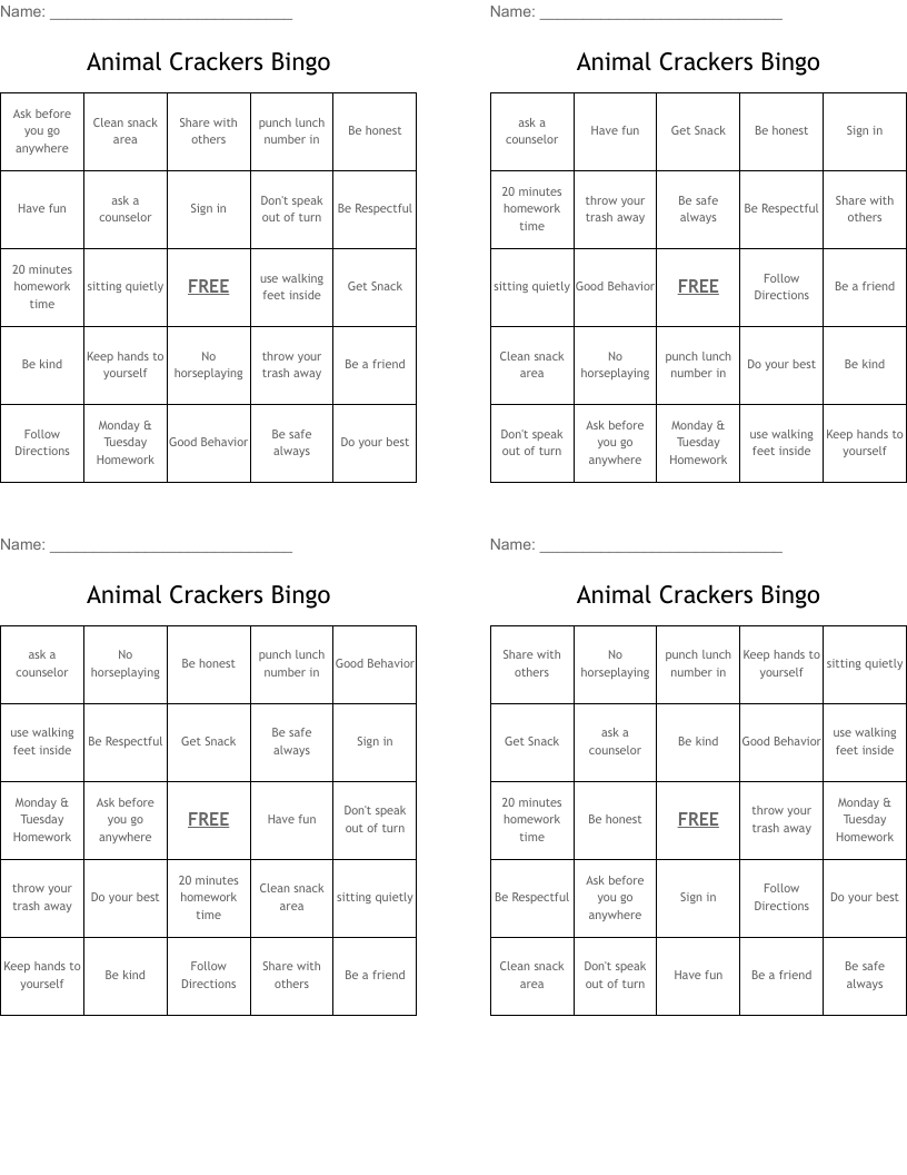 Animal Crackers Bingo
