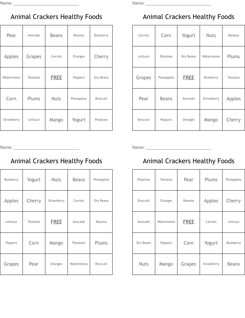 Animal Crackers Healthy Foods Bingo Cards