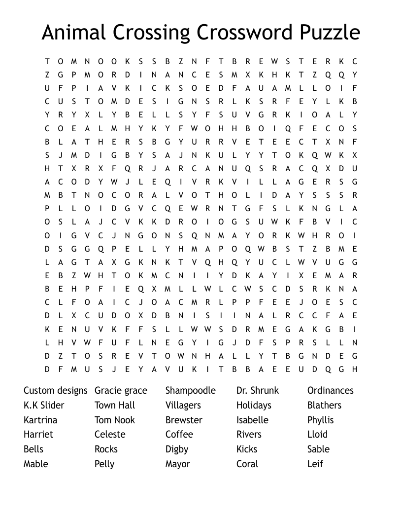 Animal Crossing Crossword Puzzle Word Search