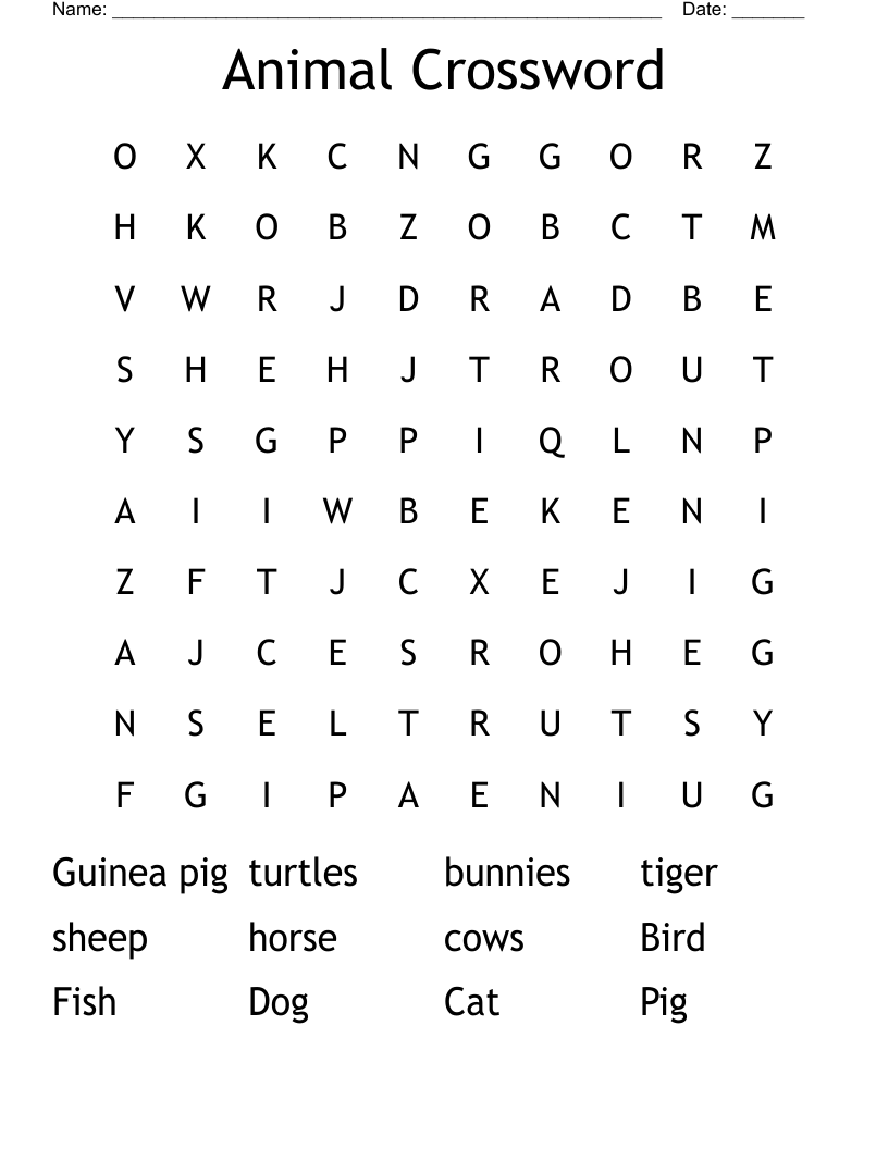 Animal Crossword Word Search