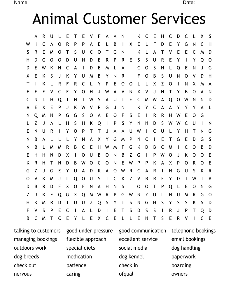 Animal Customer Services Word Search
