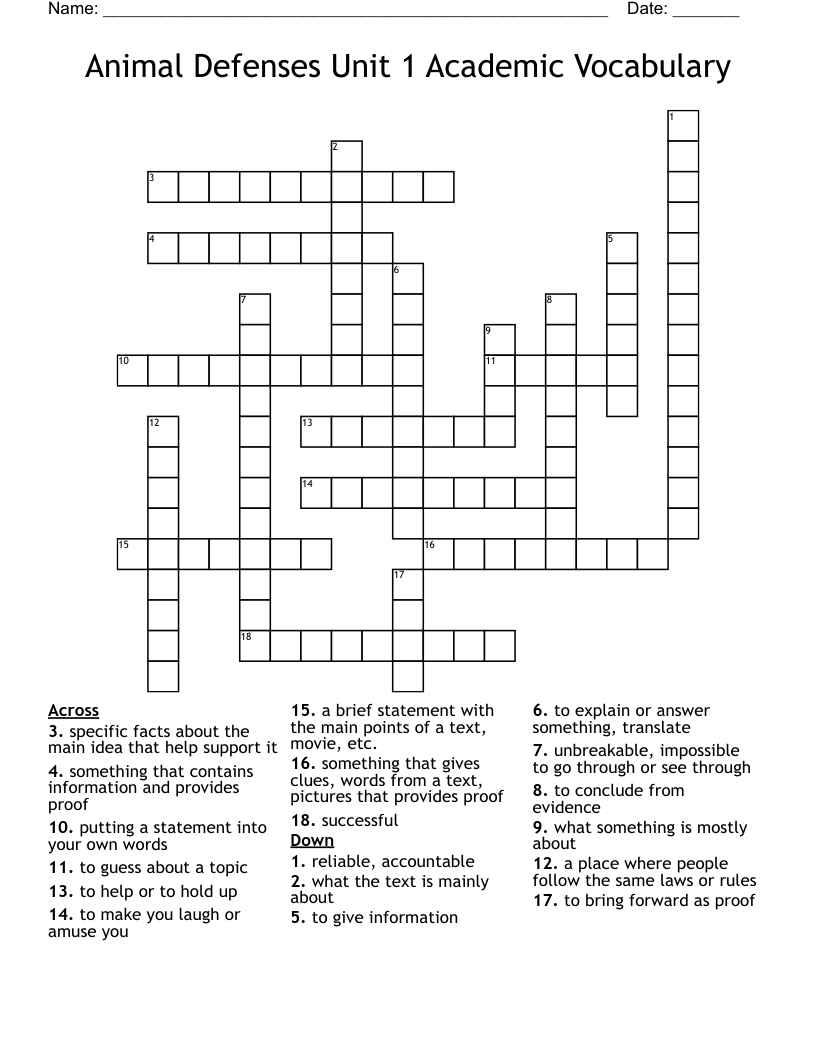 Animal Defenses Unit 1 Academic Vocabulary Crossword
