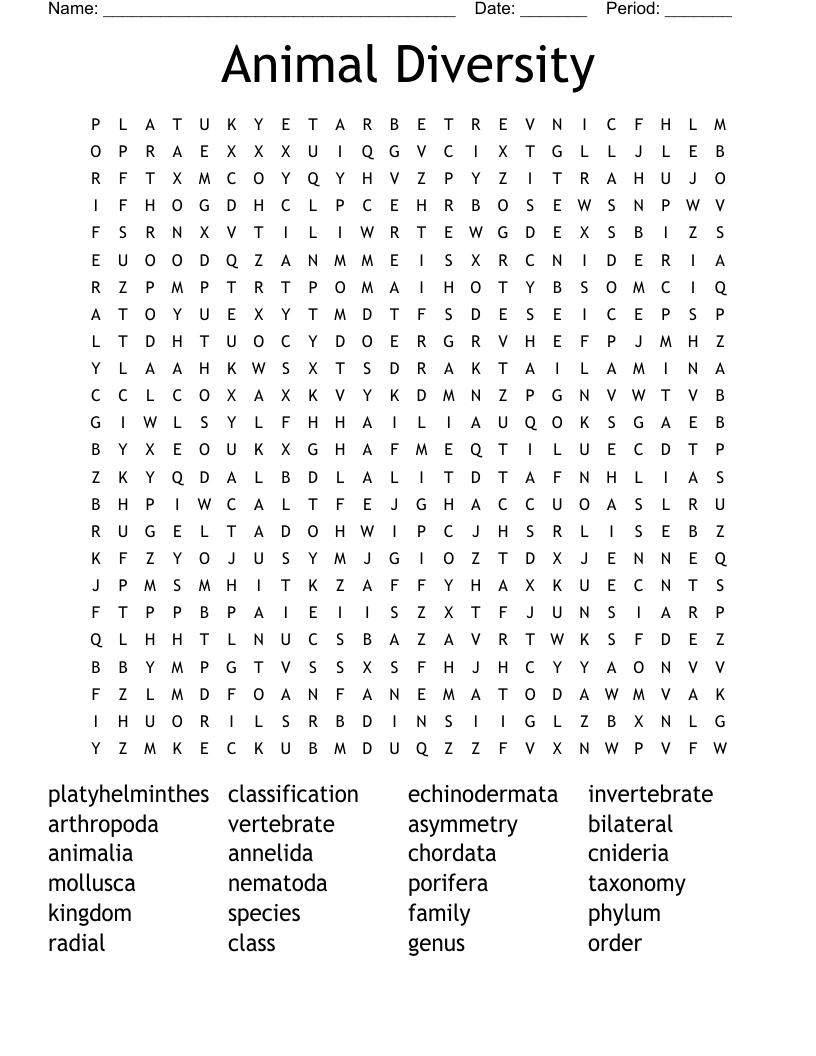 Animal Diversity Word Search