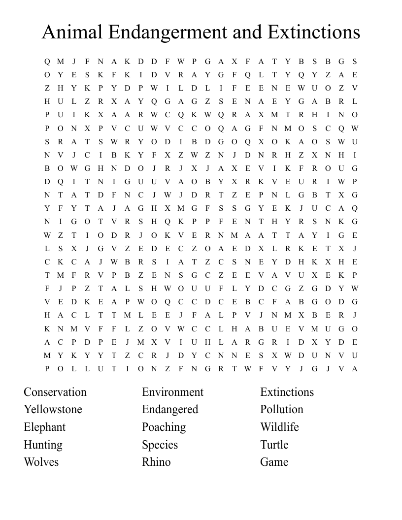 Animal Endangerment and Extinctions Word Search