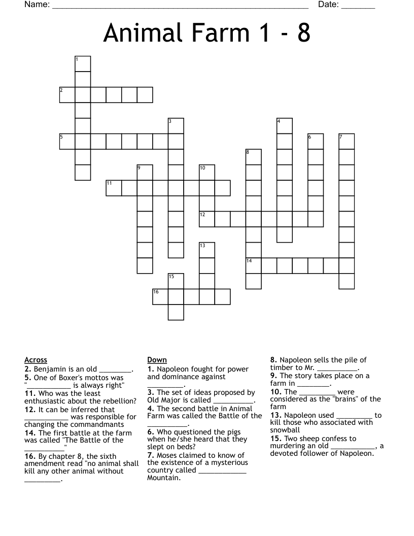 Animal Farm 1 - 8 Crossword
