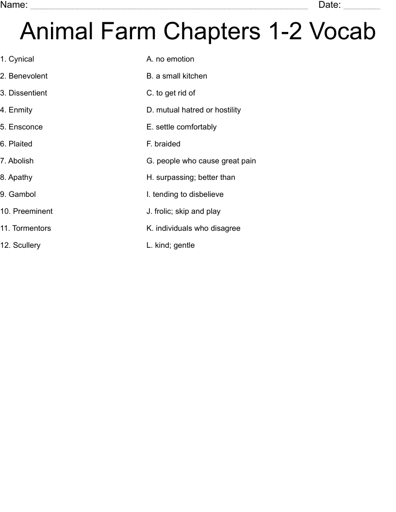 Animal Farm Chapters 1-2 Vocab Worksheet