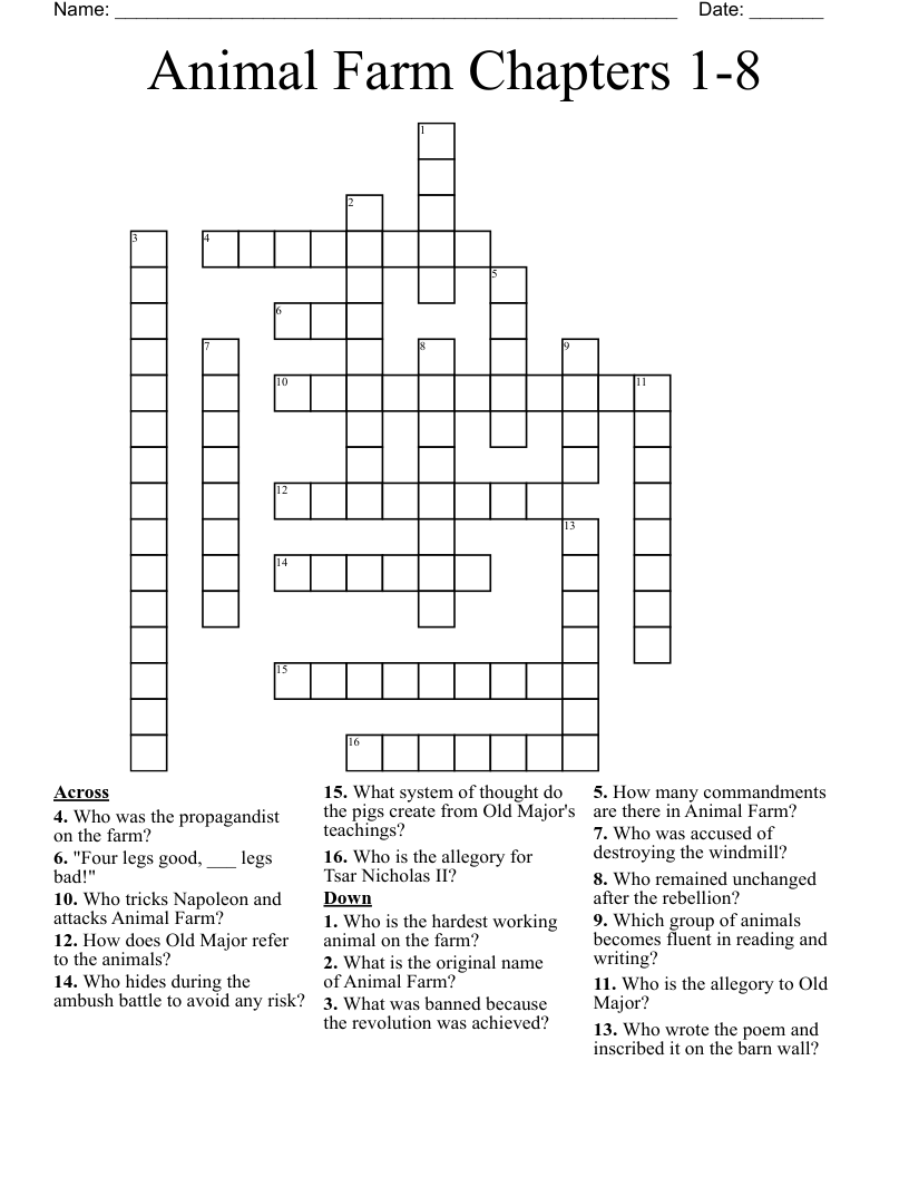 Animal Farm Chapters 1-8 Crossword