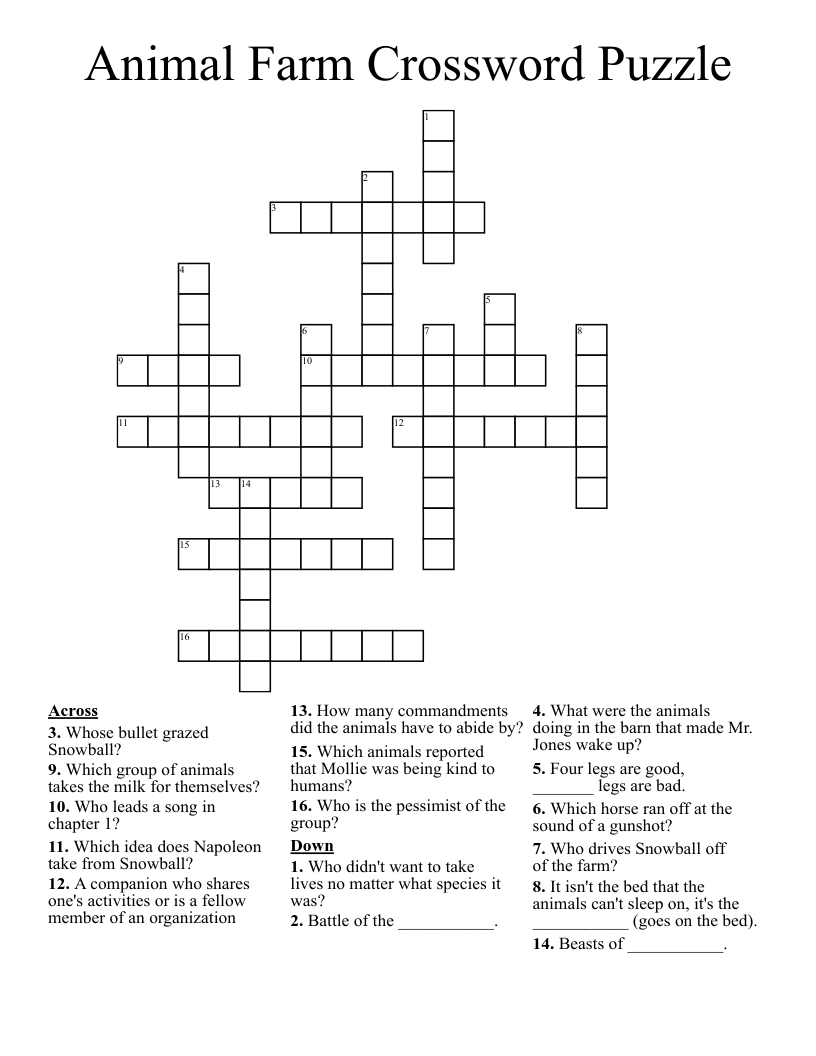 Animal Farm Crossword Puzzle