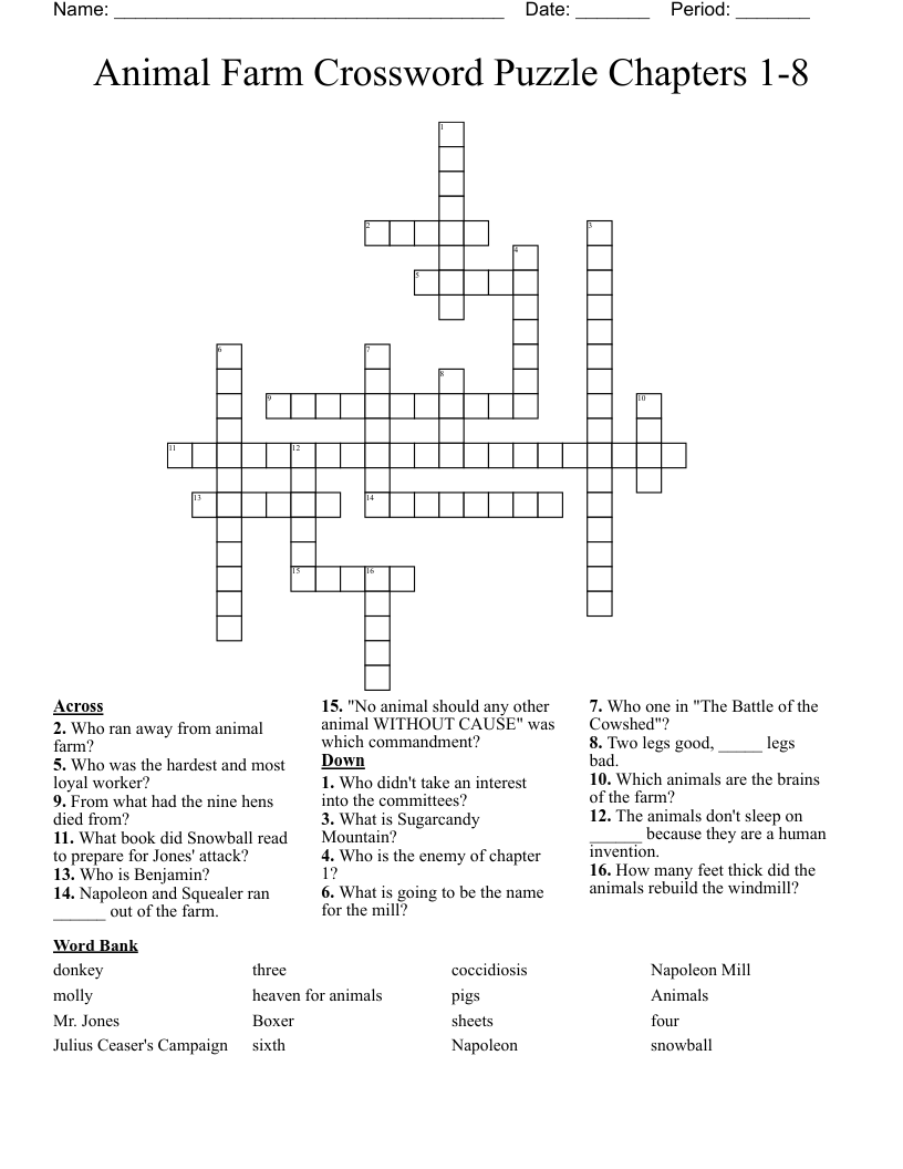 Animal Farm Crossword Puzzle Chapters 1-8