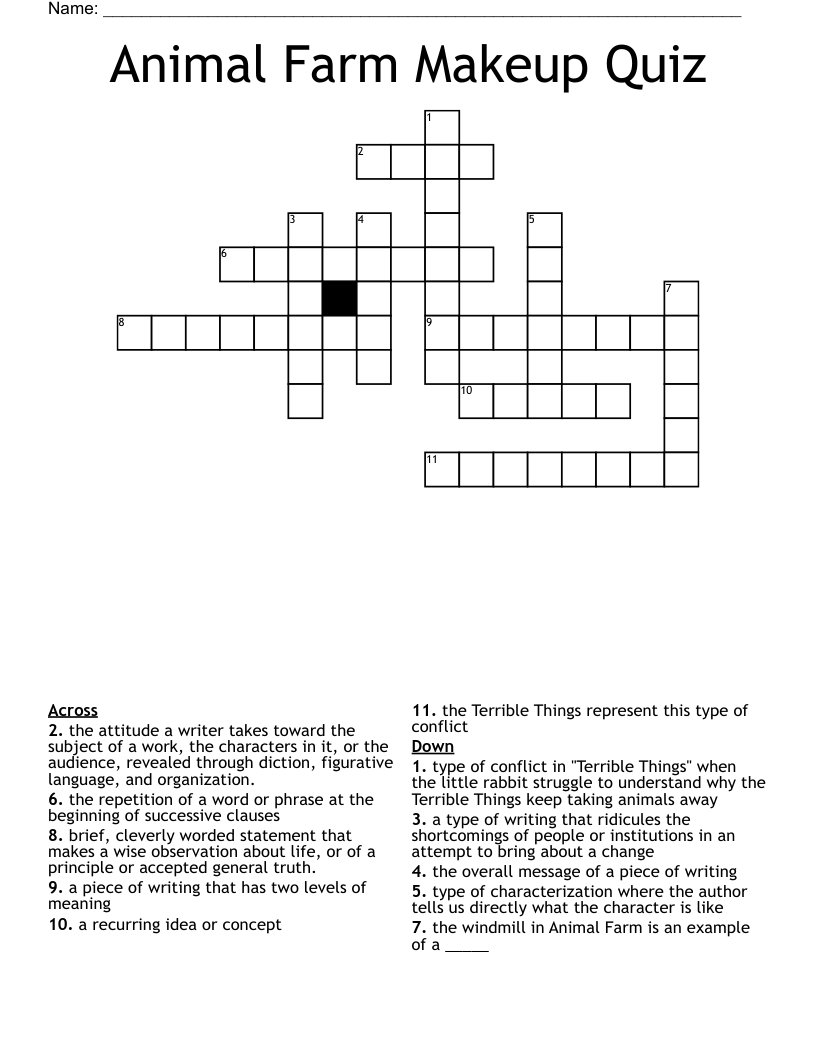 Animal Farm Makeup Quiz Crossword