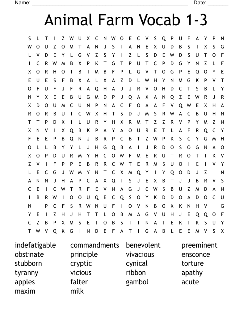 Animal Farm Vocab 1-3 Word Search
