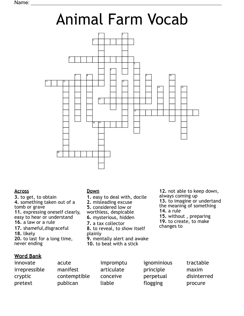 Animal Farm Vocab Crossword