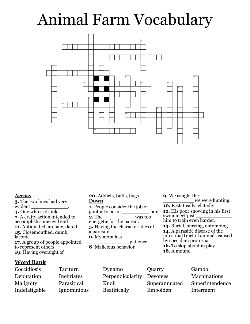 Animal Farm Vocabulary Crossword