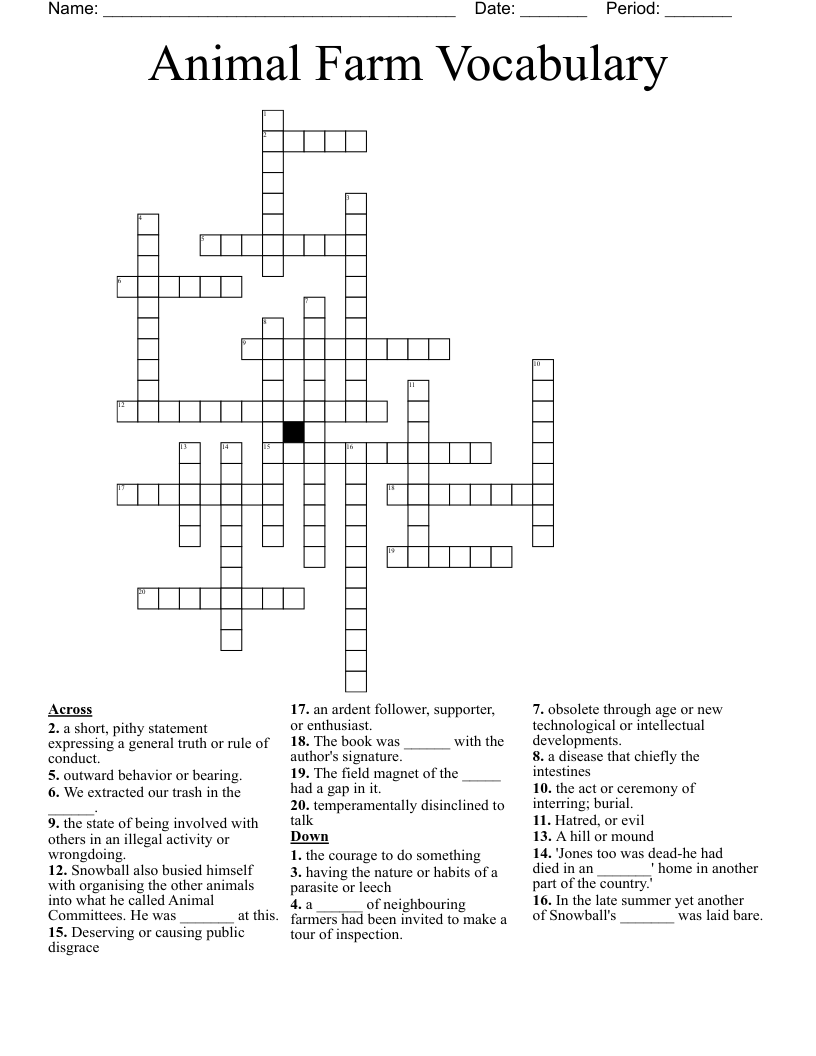 Animal Farm Vocabulary Crossword
