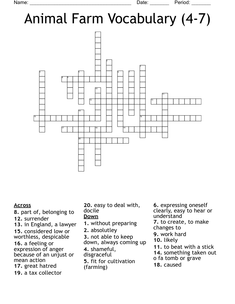 Animal Farm Vocabulary (4-7) Crossword
