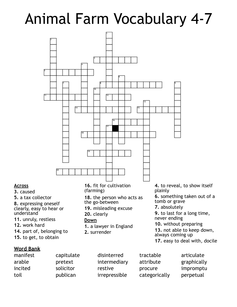 Animal Farm Vocabulary 4-7 Crossword