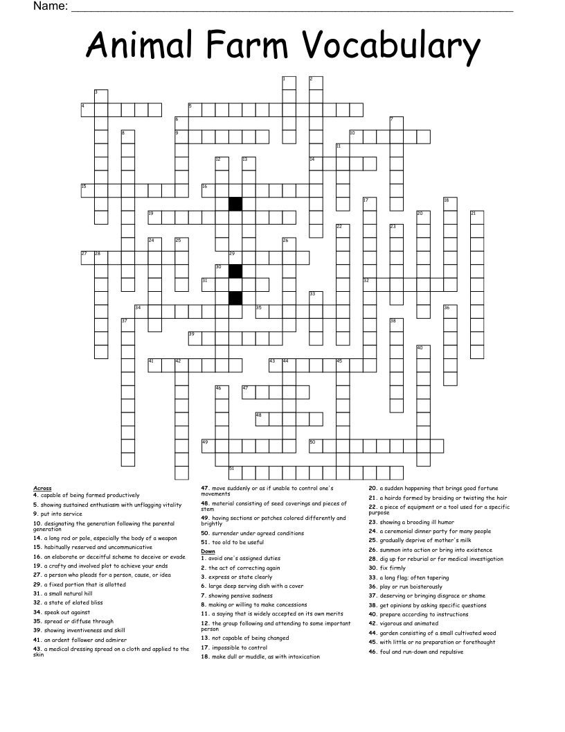 Animal Farm Vocabulary Crossword