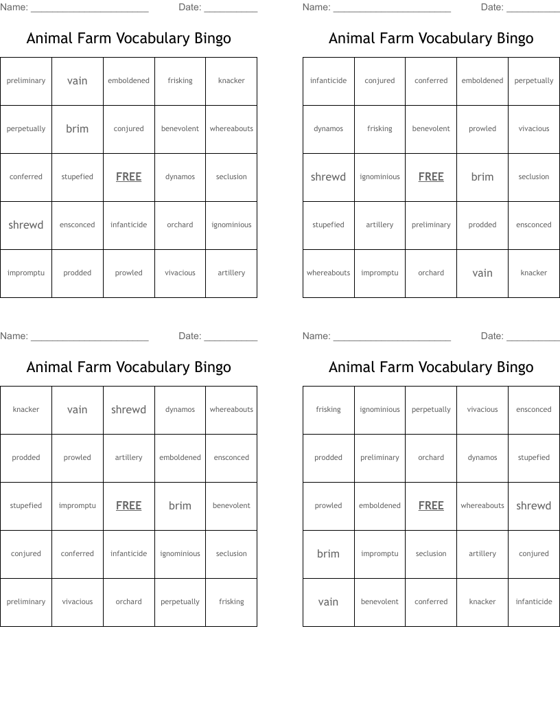 Animal Farm Vocabulary Bingo