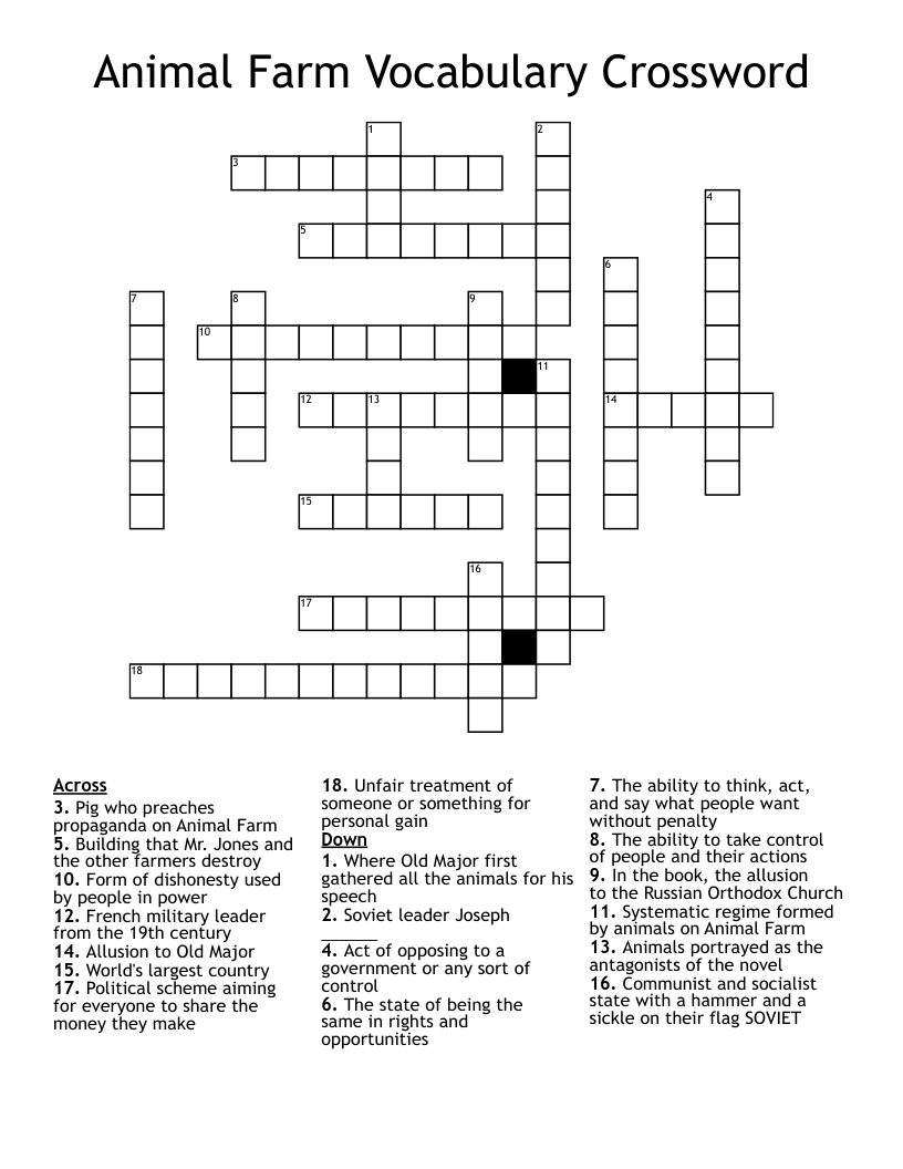 Animal Farm Vocabulary Crossword