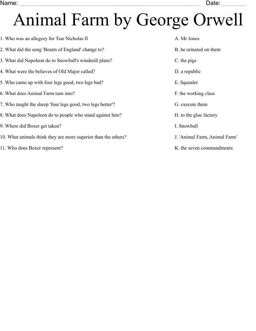 Animal Farm by George Orwell Worksheet