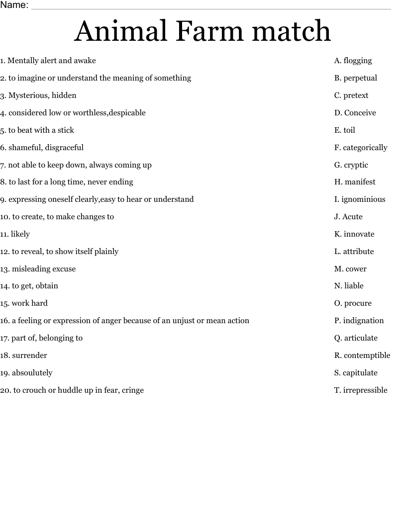 Animal Farm match Worksheet