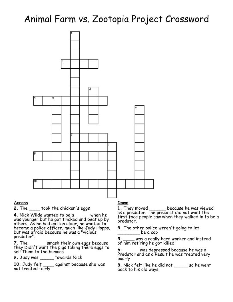 Animal Farm vs. Zootopia Project Crossword