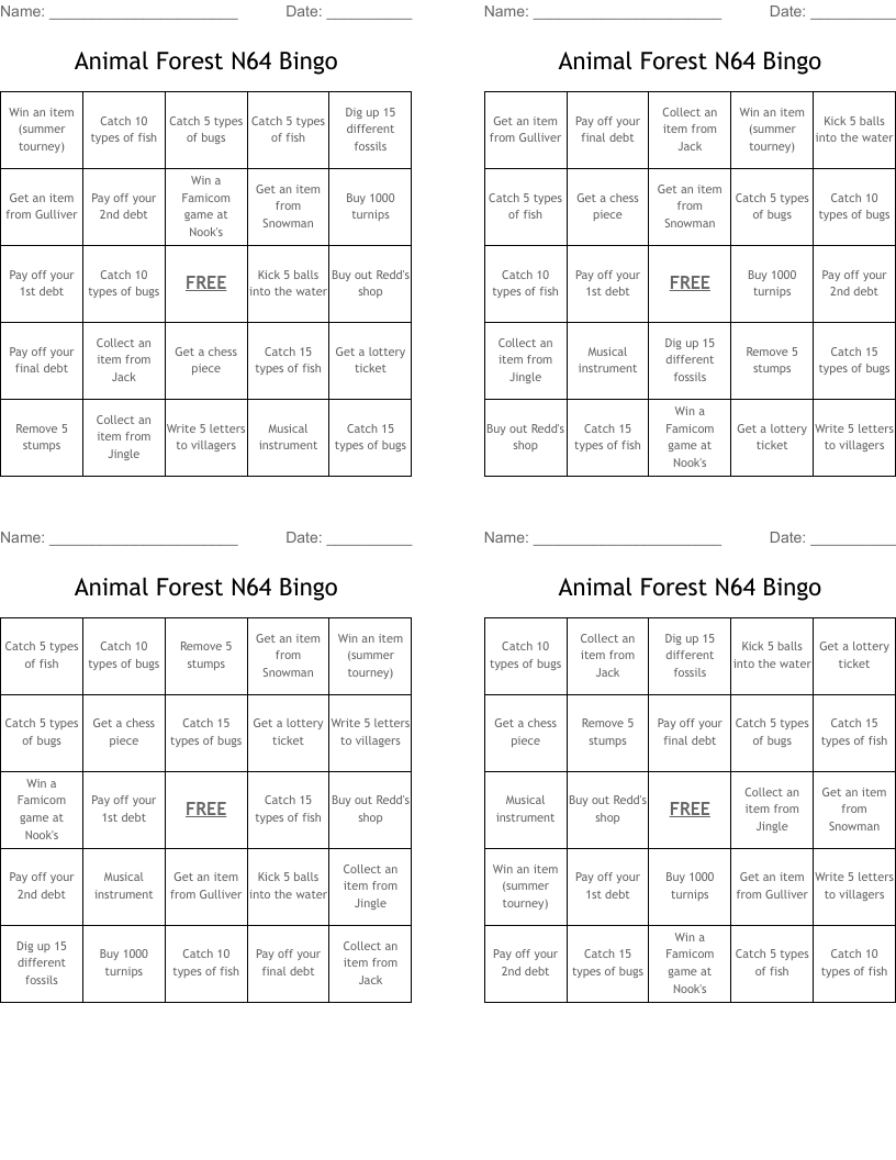 Animal Forest N64 Bingo