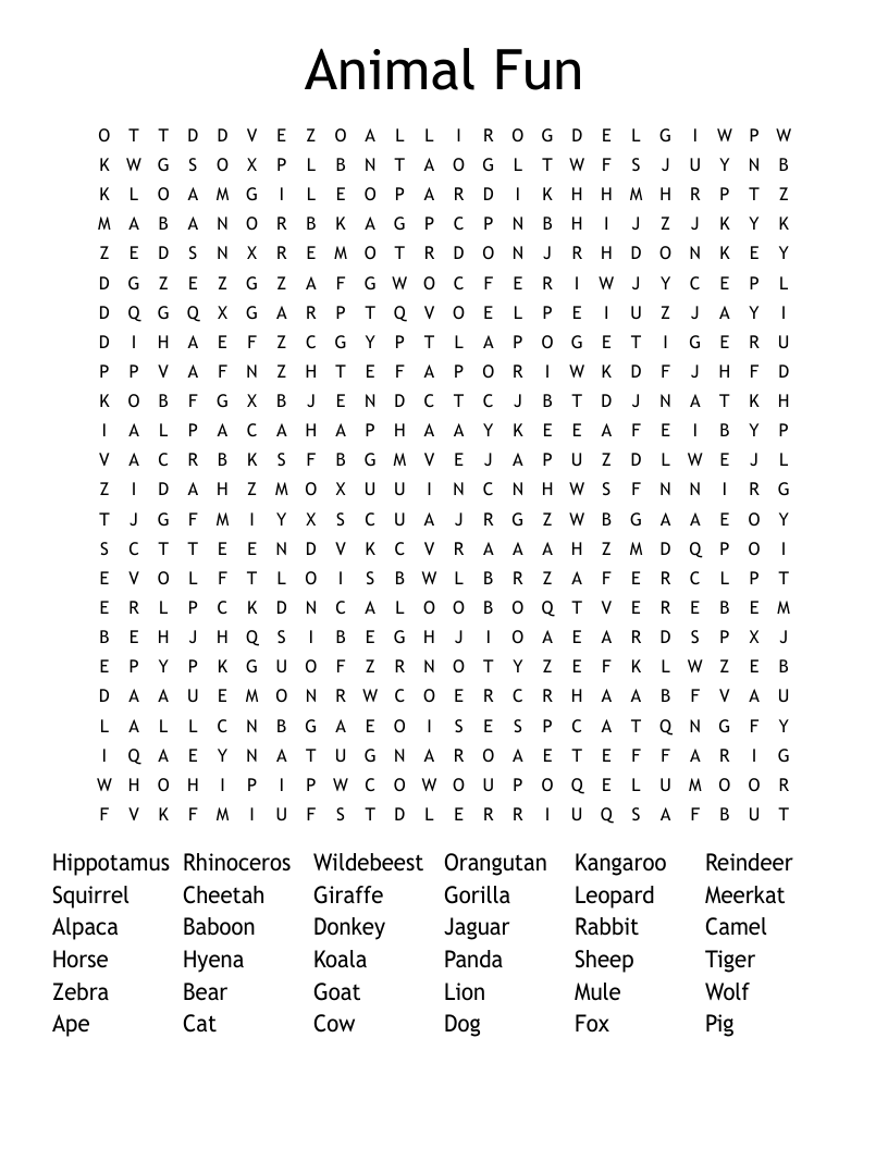 Animal Fun Word Search