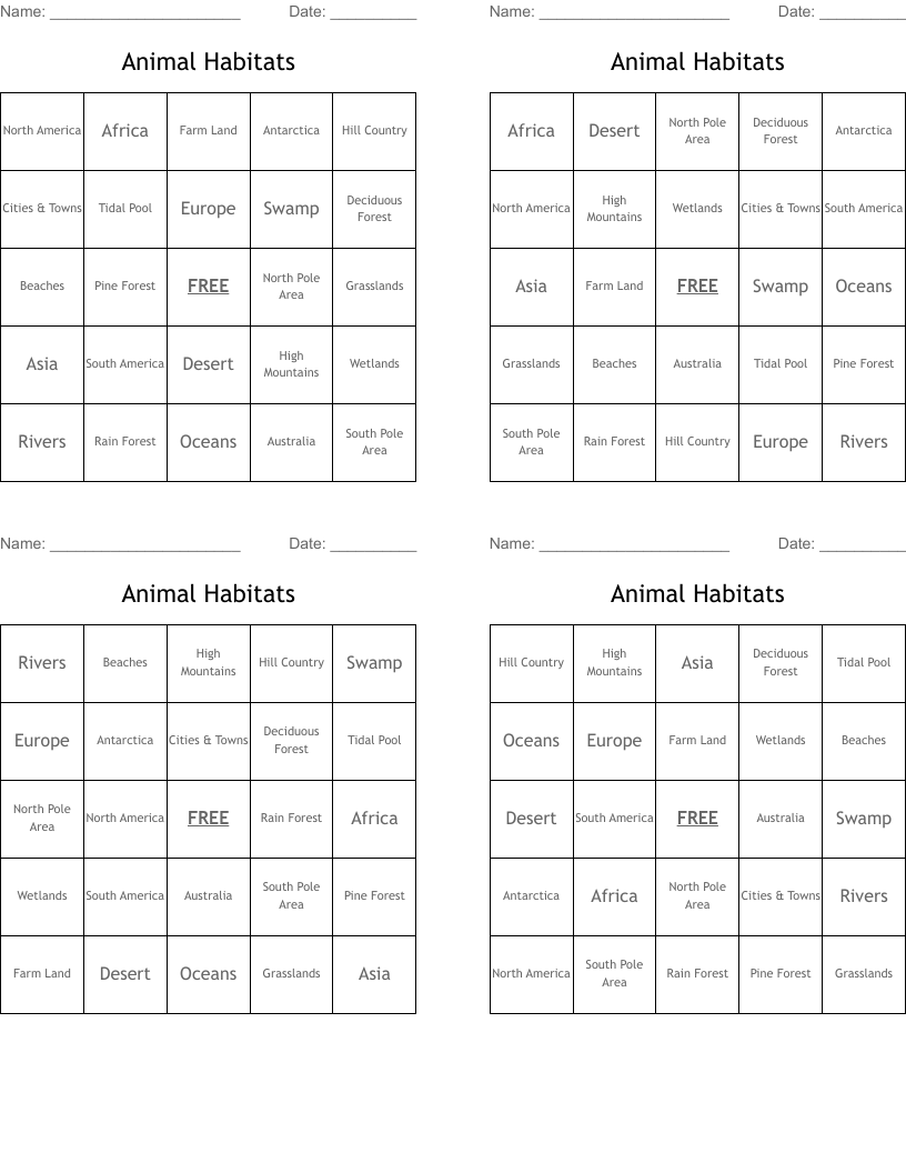 Animal Habitats Bingo Cards