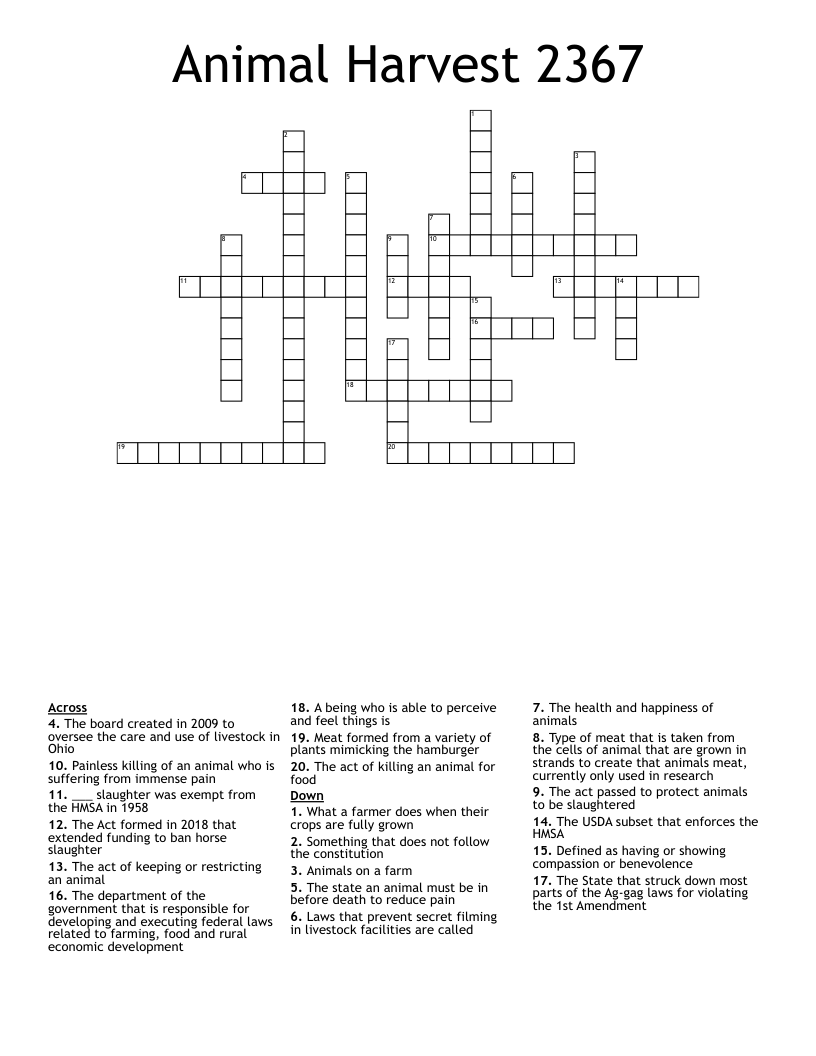 Animal Harvest 2367  Crossword