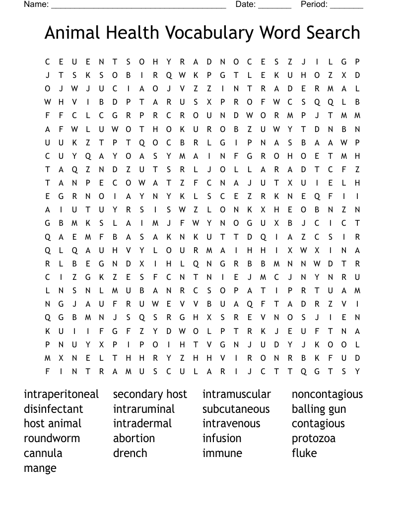 Animal Health Vocabulary Word Search 