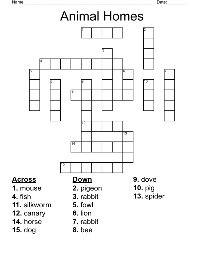 Animal Homes Crossword