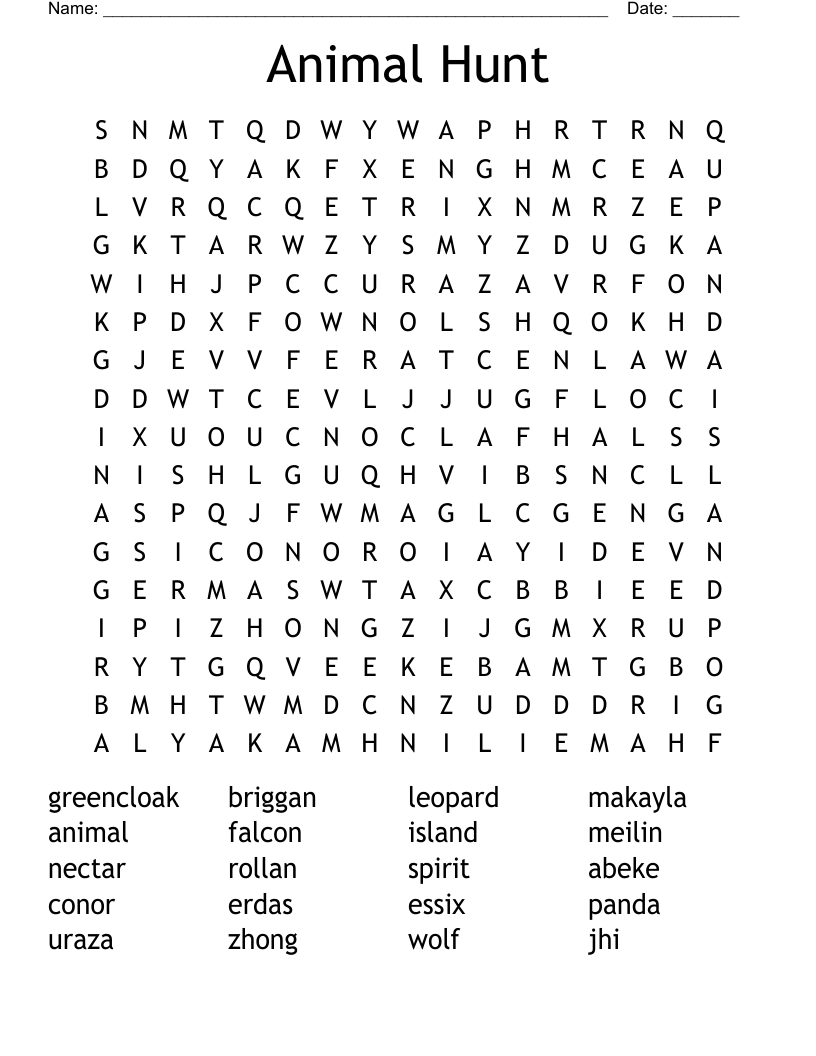 Animal Hunt Word Search