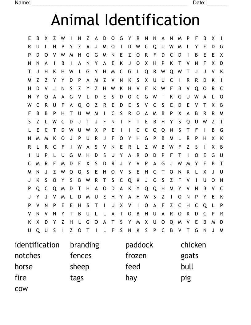 Animal Identification Word Search