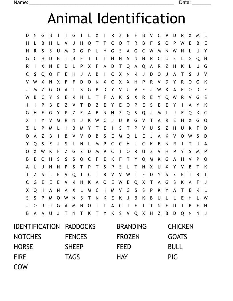Animal Identification Word Search