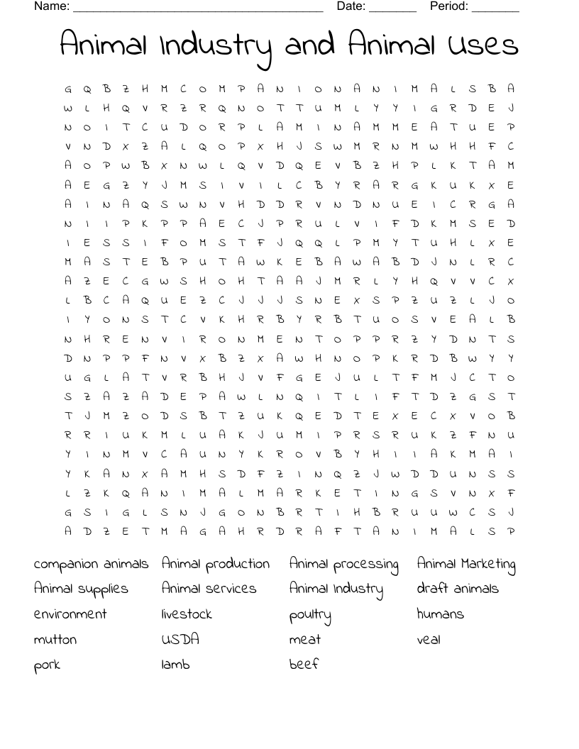 Animal Industry and Animal Uses Word Search