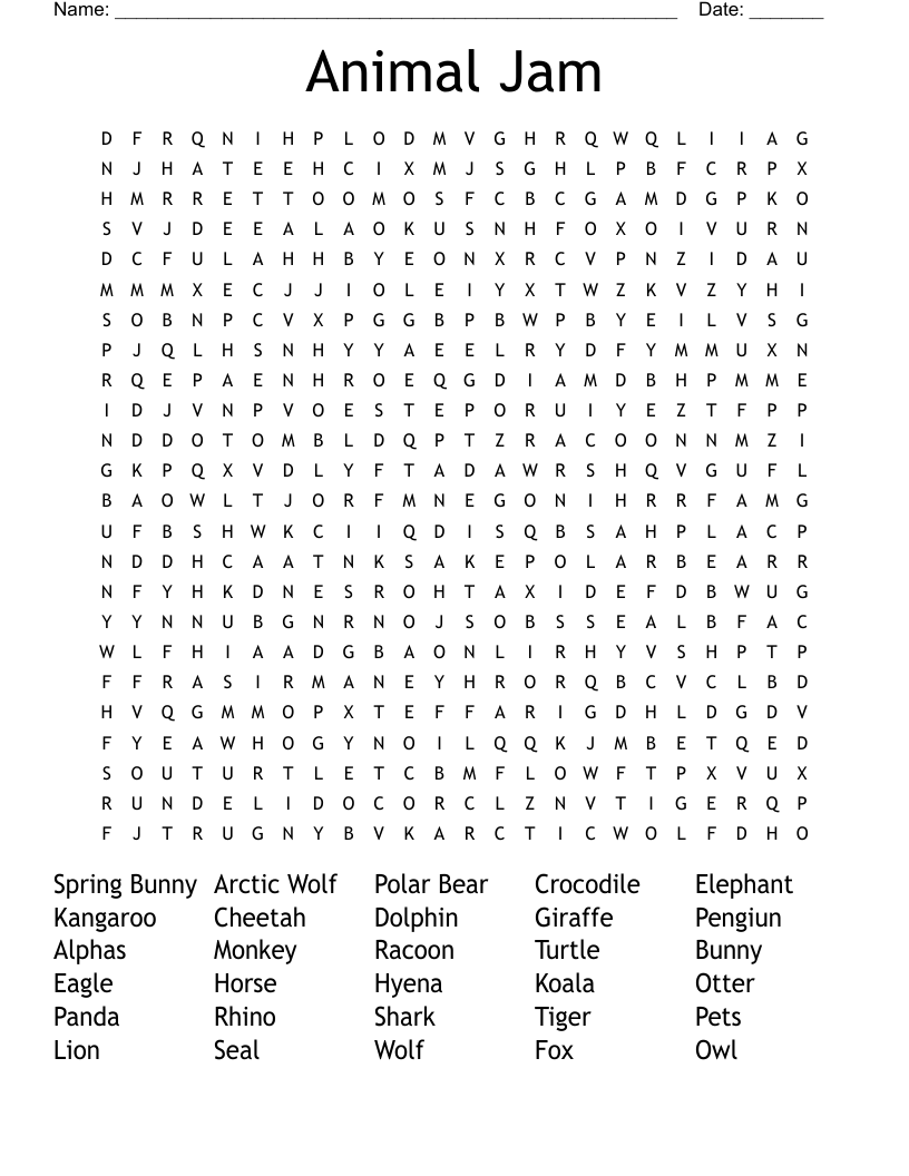 Animal Jam Word Search