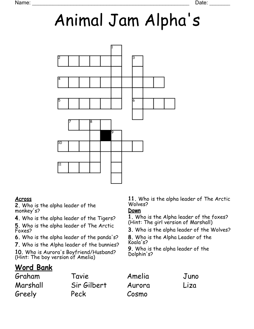 Animal Jam Alpha's Crossword