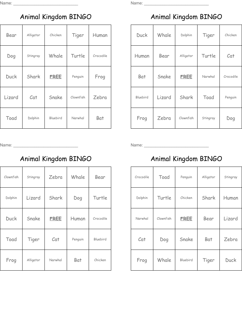 Animal Kingdom BINGO