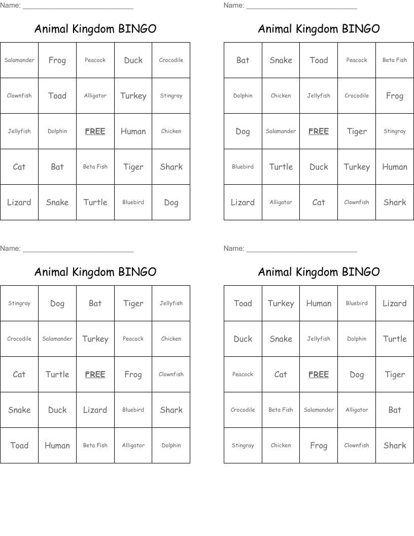 Animal Kingdom BINGO