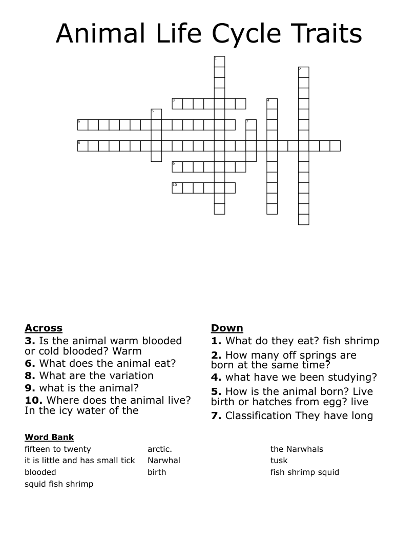 Animal Life Cycle Traits Crossword