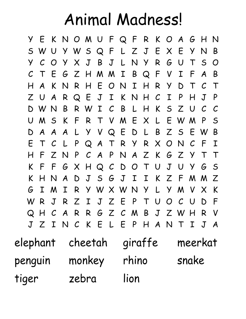 Animal Madness! Word Search