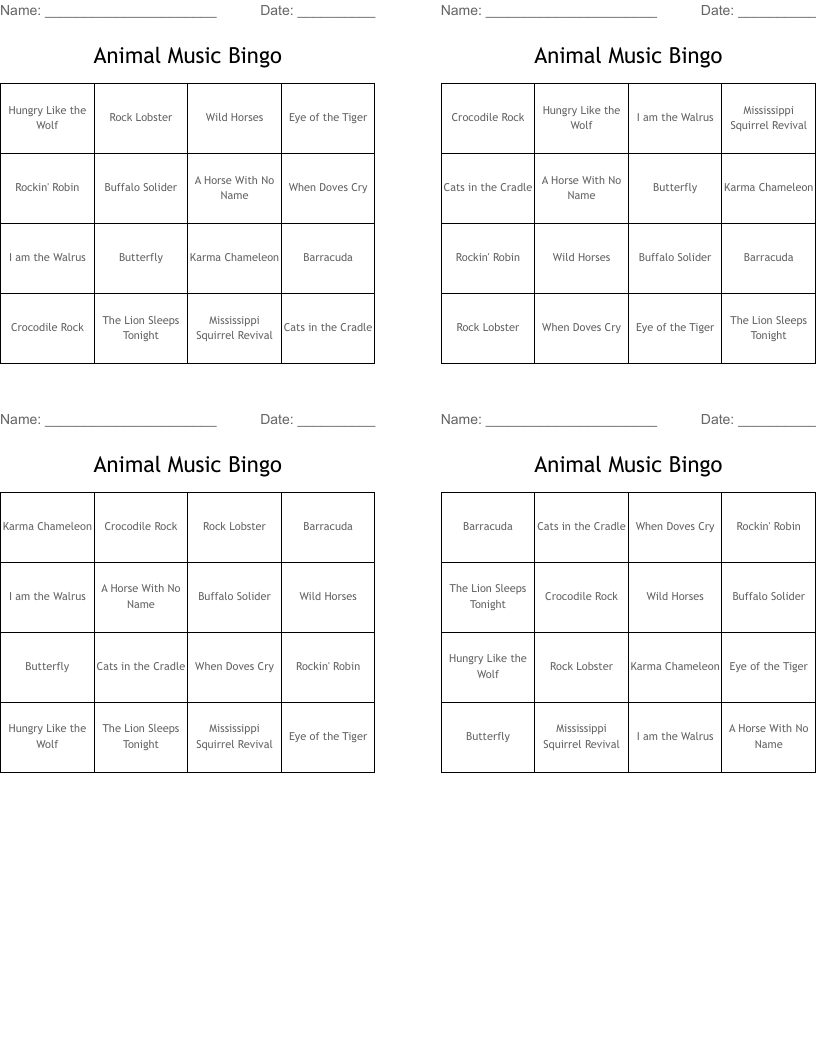 Animal Music Bingo