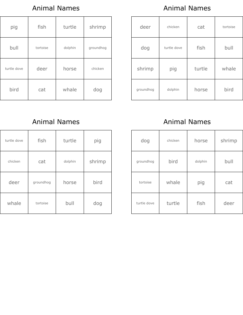 Animal Names Bingo Cards