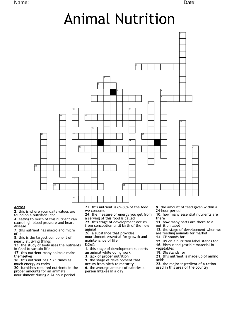 Animal Nutrition Crossword